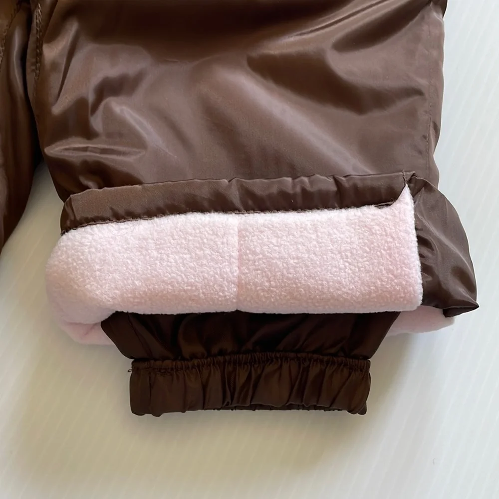 Old Navy brown & pink bib overall snow pants.  Girls size 6-12 months